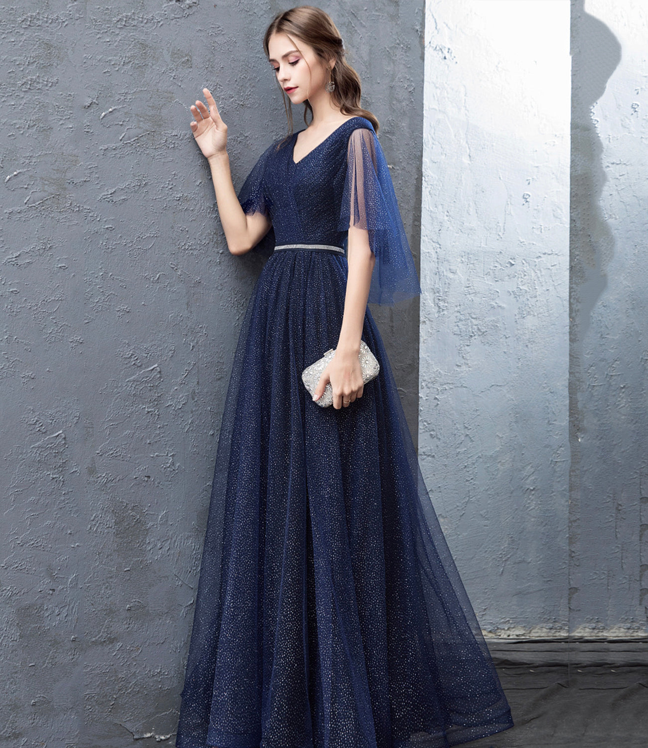 Blue tulle long prom dress A line evening dress 10377