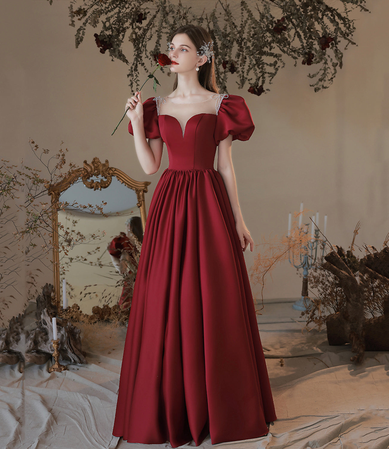 Burgundy satin long prom dress evening dress 10473