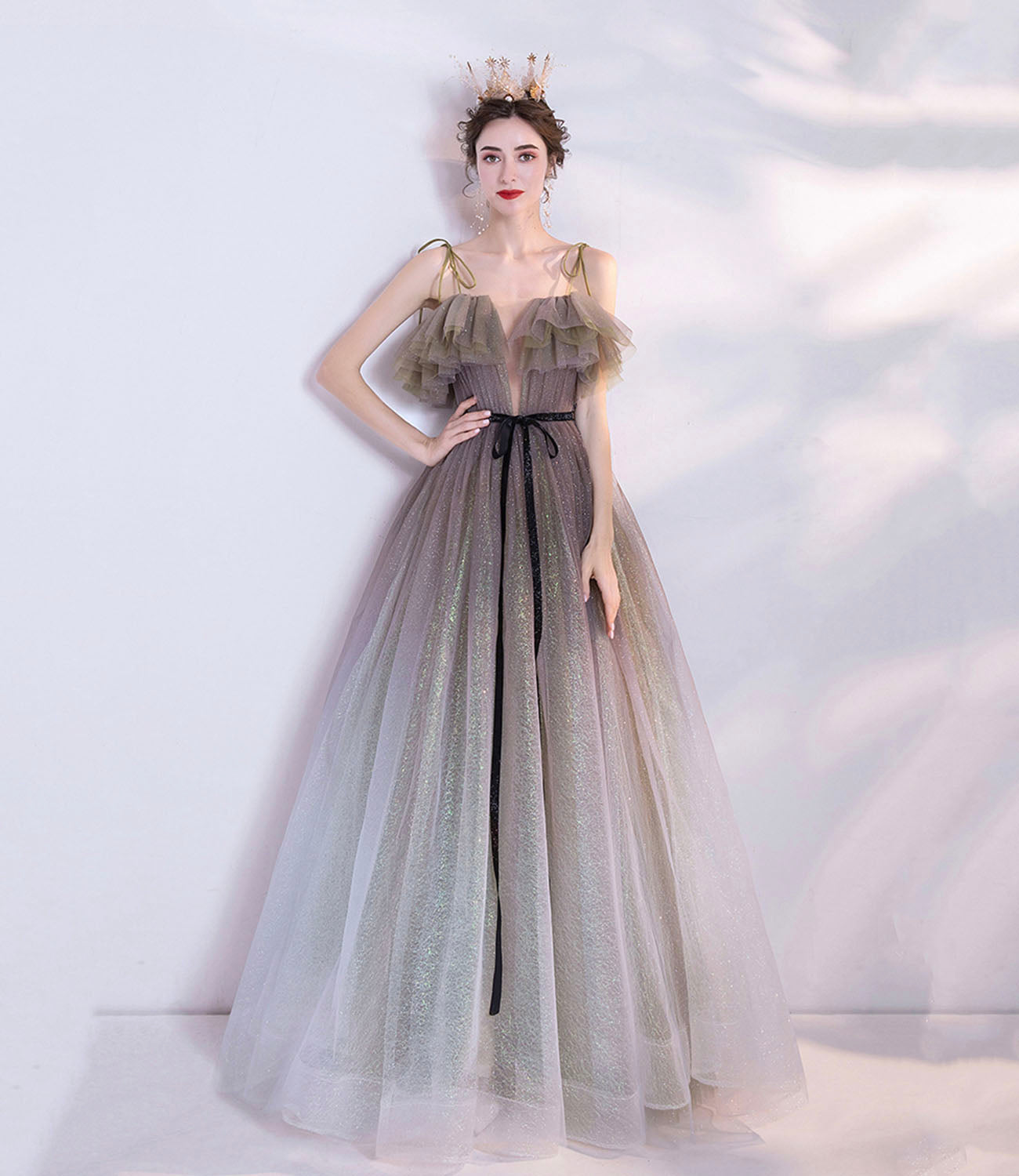 Gray green tulle sequins long prom dress evening dress 10616