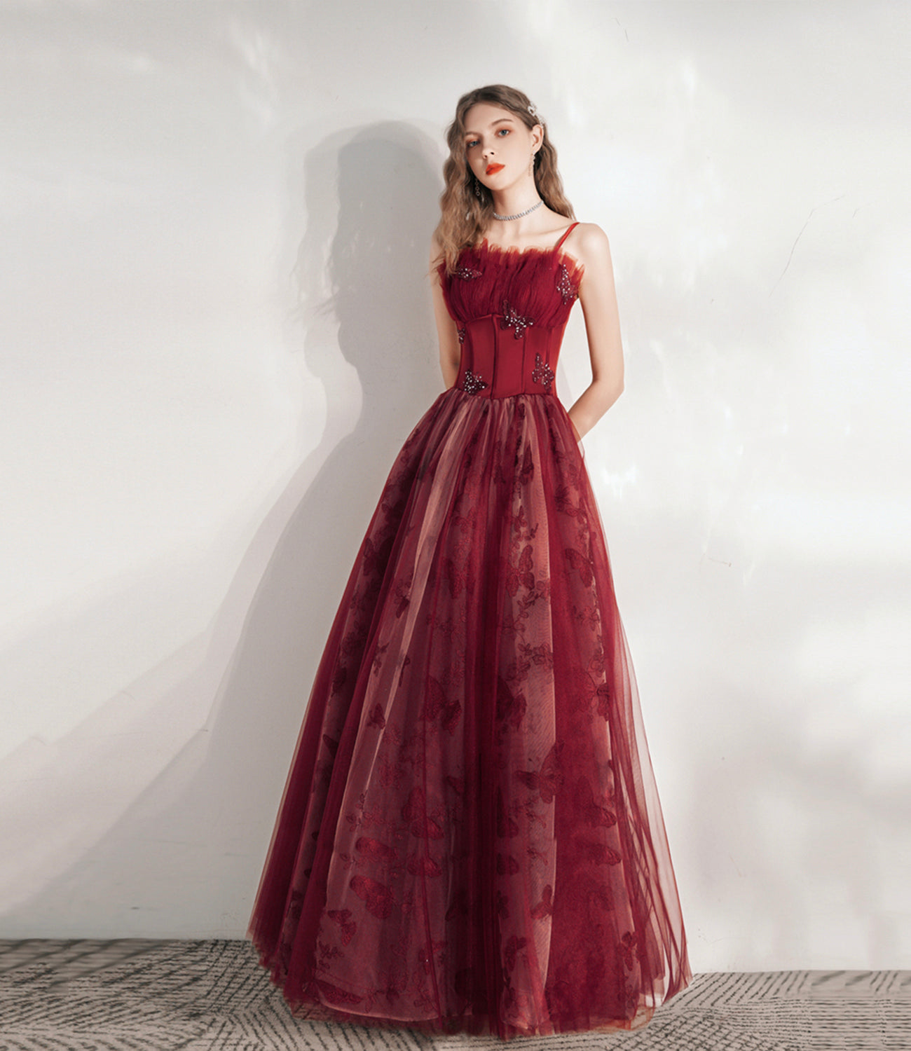 Burgundy tulle long prom dress A line evening gown 10374