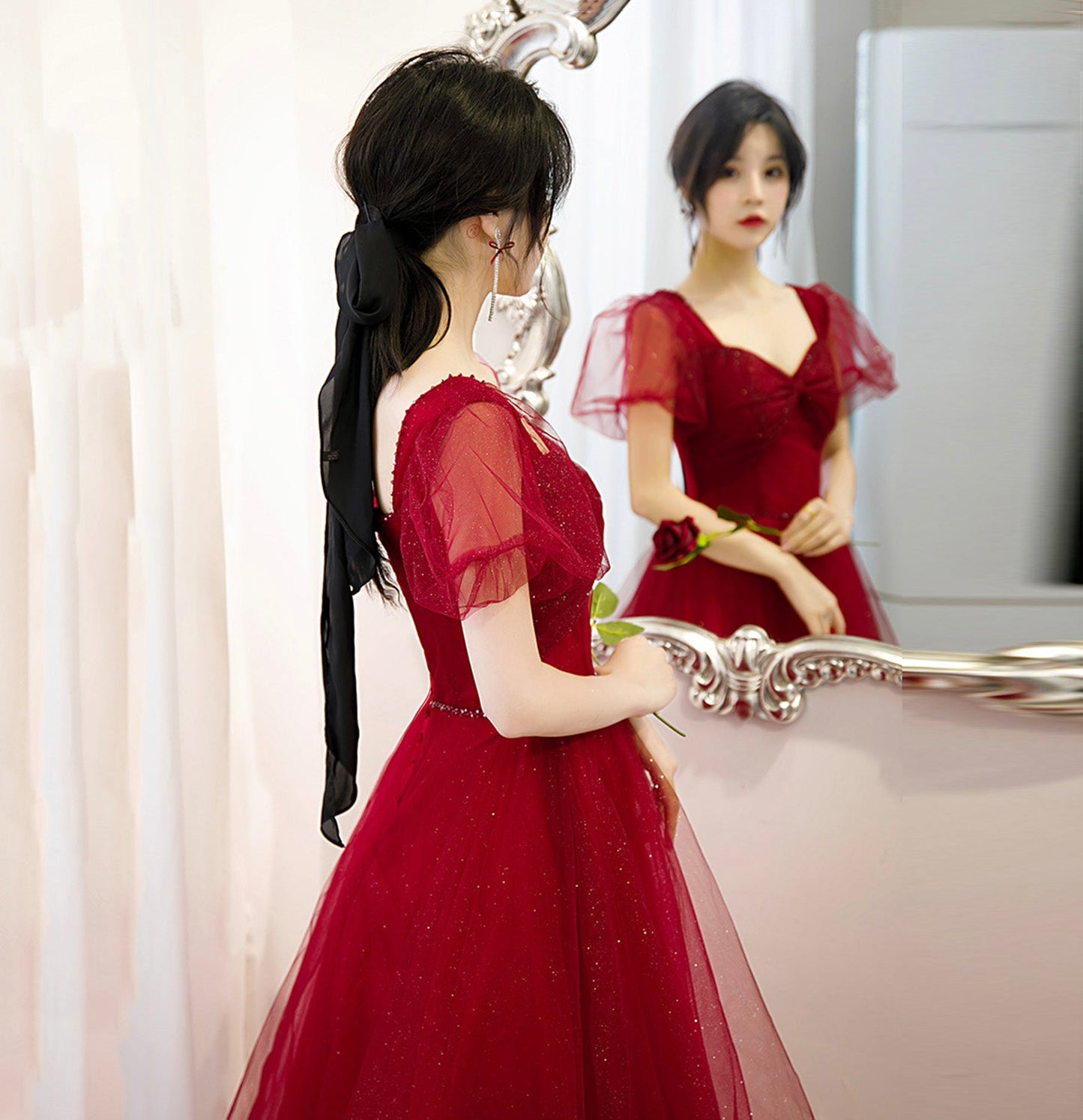 Burgundy tulle long A line prom dress evening gown 10070