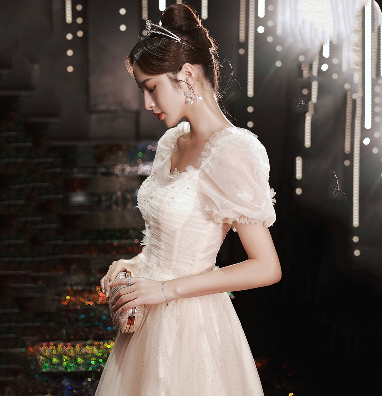 White tulle sequins long prom dress A line evening gown 10035