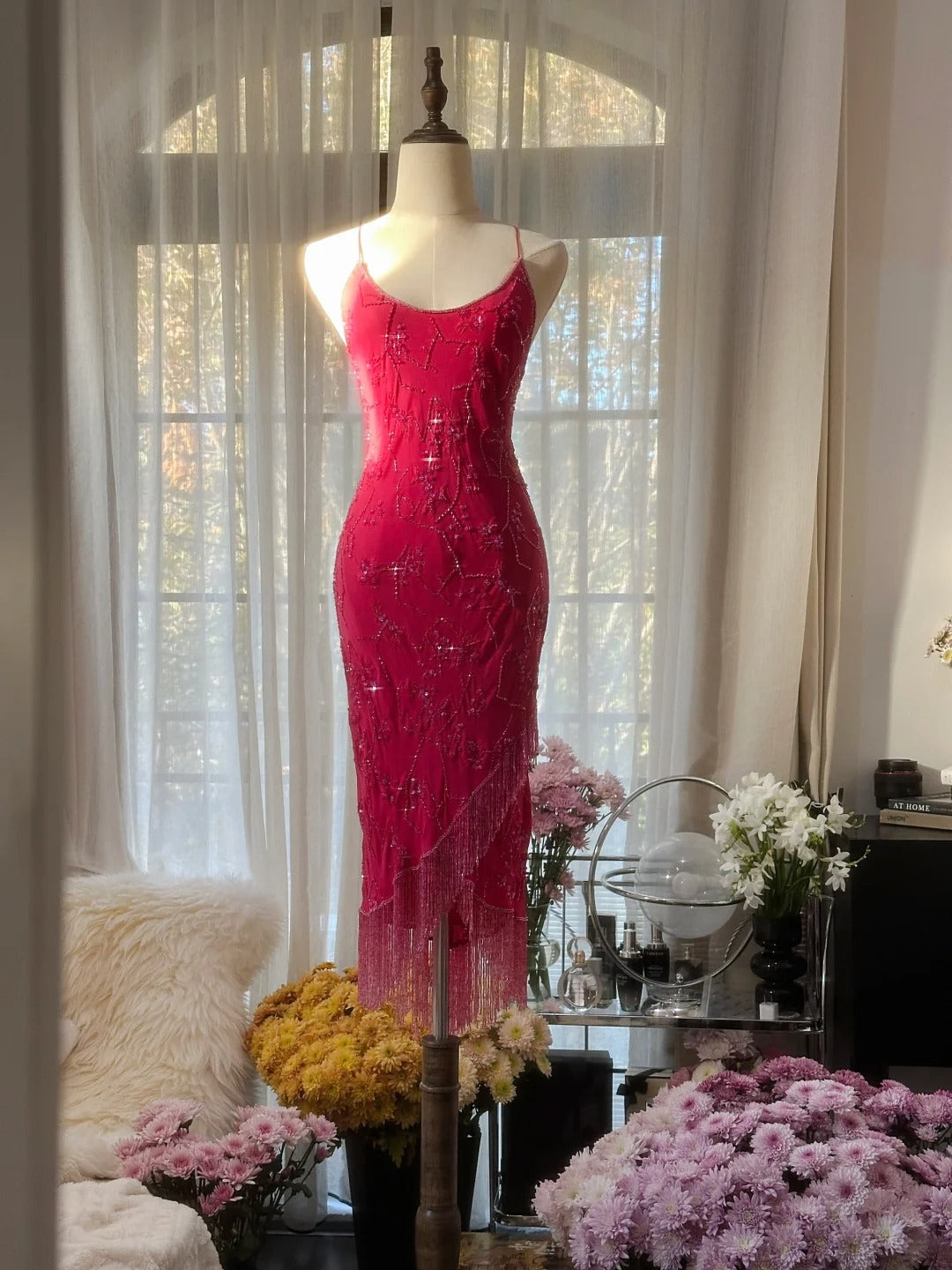 Pink Fashion Elegant Exquisite Beaded Spaghetti Strap Midi/Short Mermaid Slim Chiffon Ball Gown Evening Dress Birthday Party Dress Prom Dress Wedding Dress gh4098