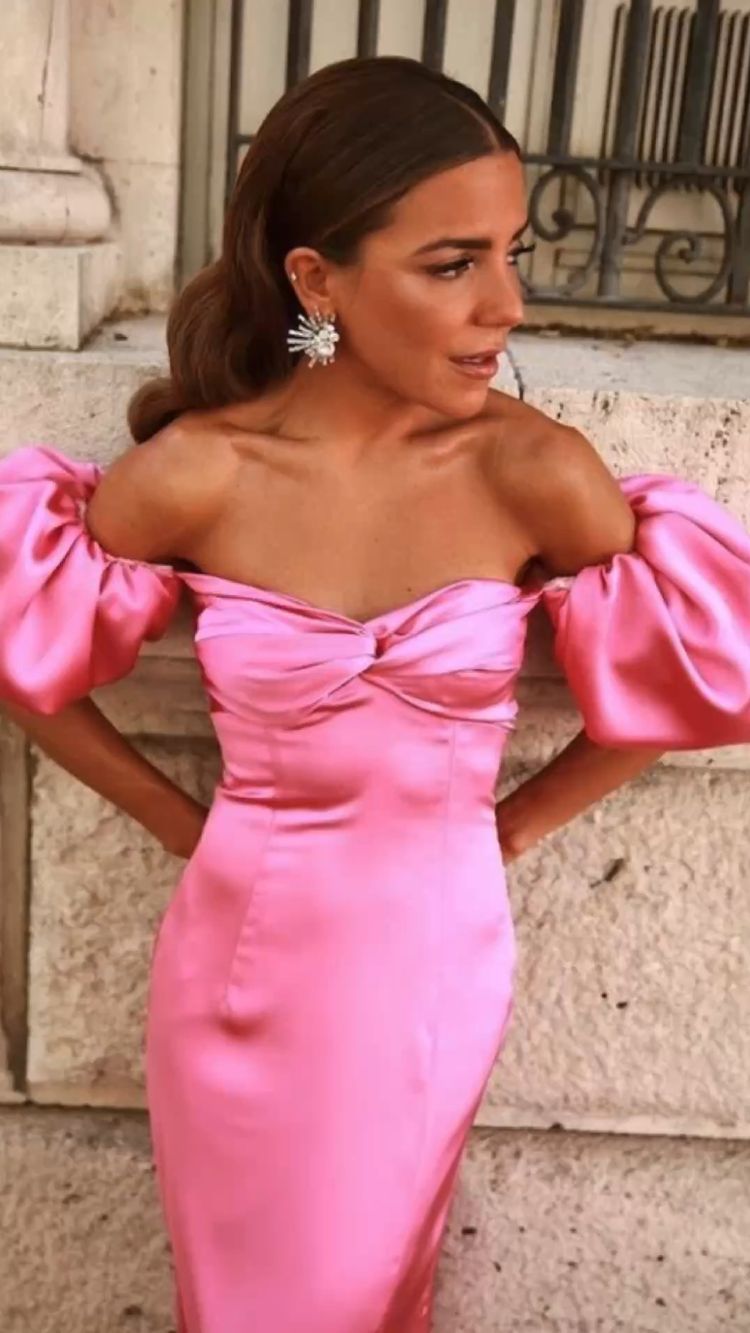 Vestido de fiesta largo de satén con mangas abullonadas, vestidos de noche únicos