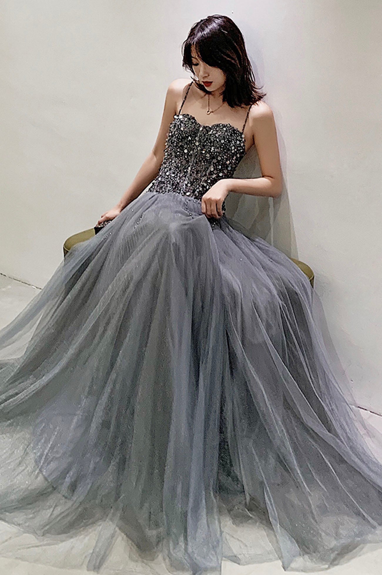 Gray Tulle Long Prom Dress with Sequins, Spaghetti Straps Evening Party Dress