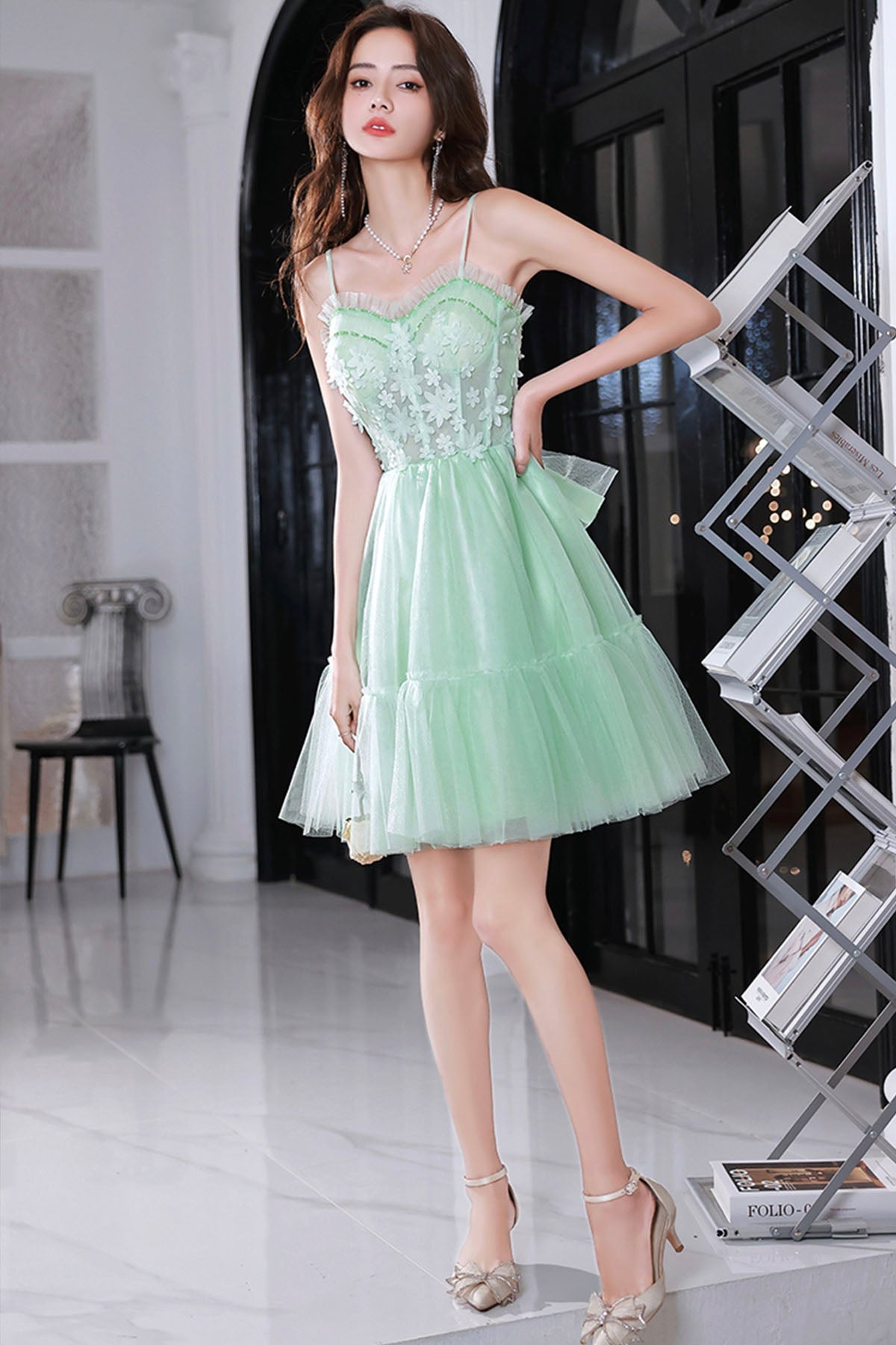 Mint Green Sweetheart Tulle Lace Straps Homecoming Dress, Green Prom Dress