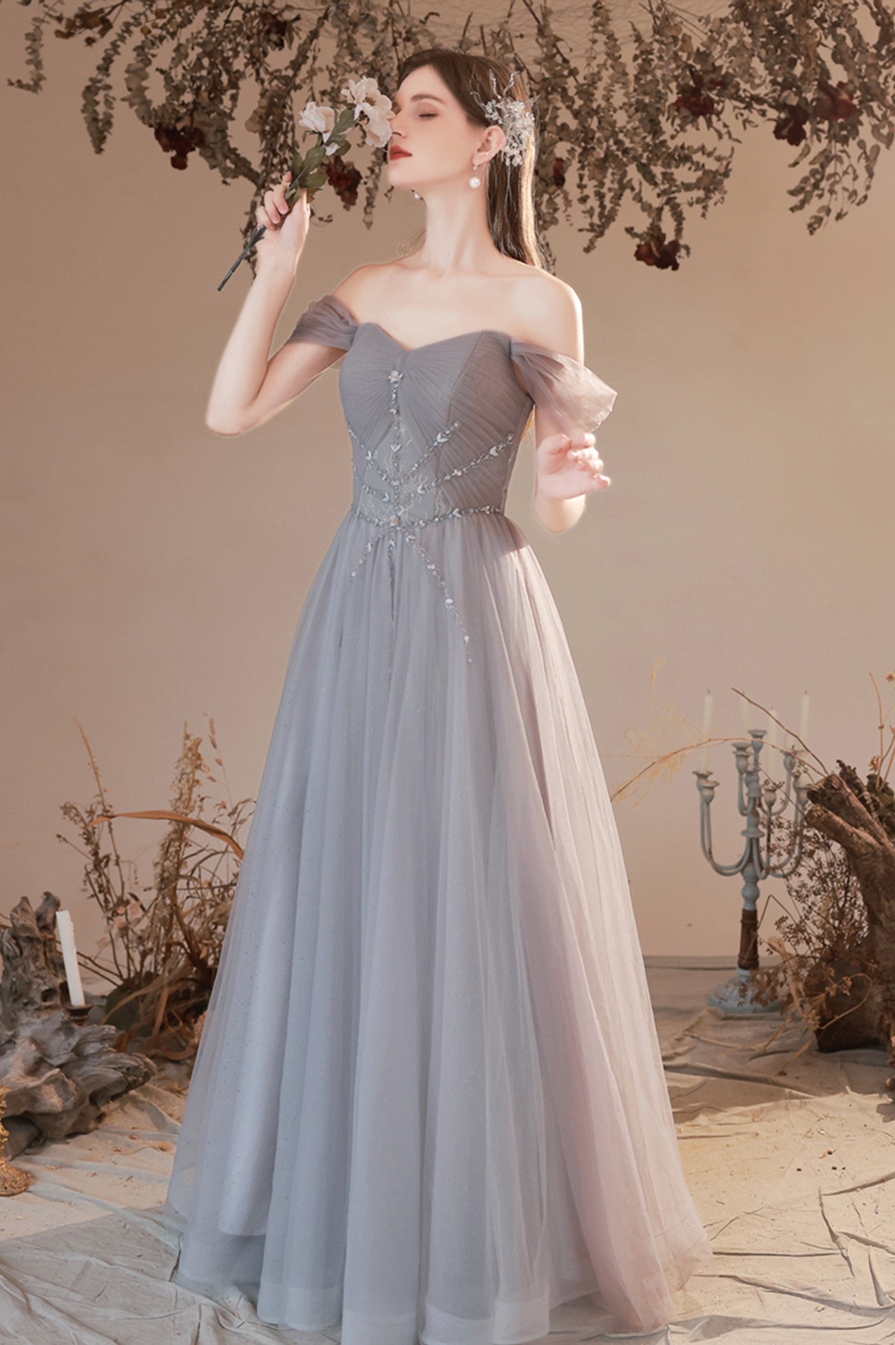 Gray Beaded Sweetheart Long Evening Prom Dress, Beautiful Gray Party Dress