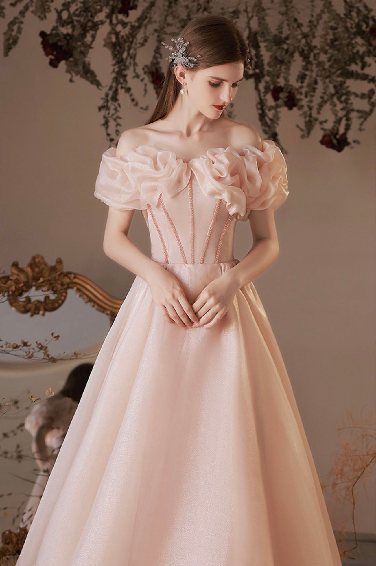 Pink Tulle Beaded Short A-Line Prom Dress, Off the Shoulder Homecoming Dress