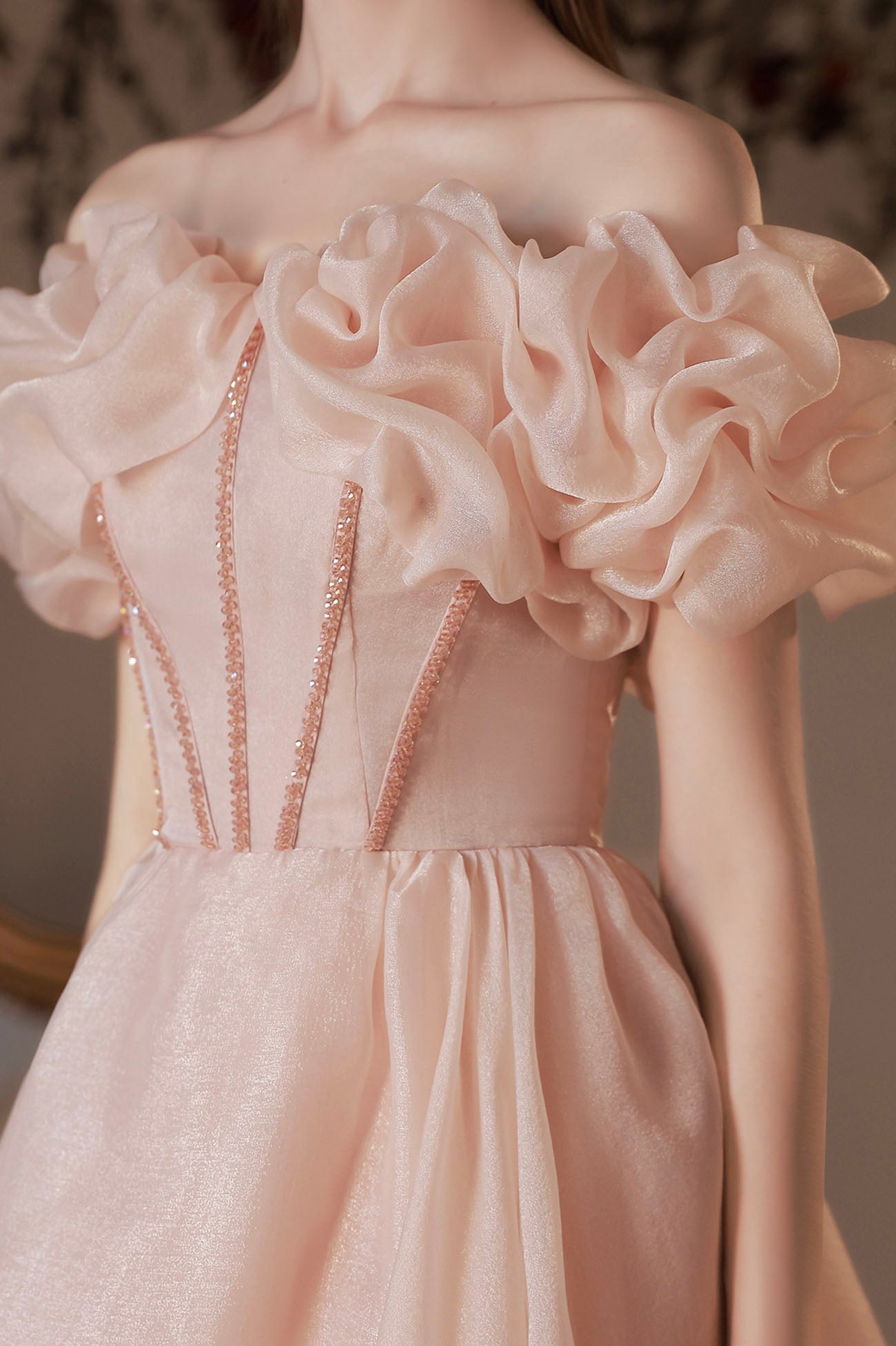 Pink Tulle Beaded Short A-Line Prom Dress, Off the Shoulder Homecoming Dress