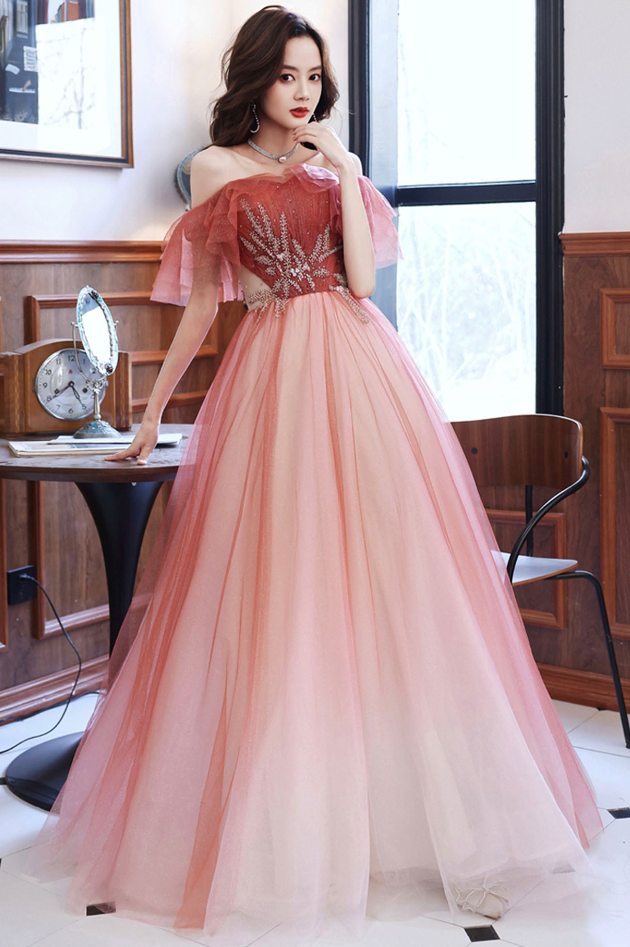 Burgundy Tulle Long A-Line Prom Dress, Off the Shoulder Graduation Dress