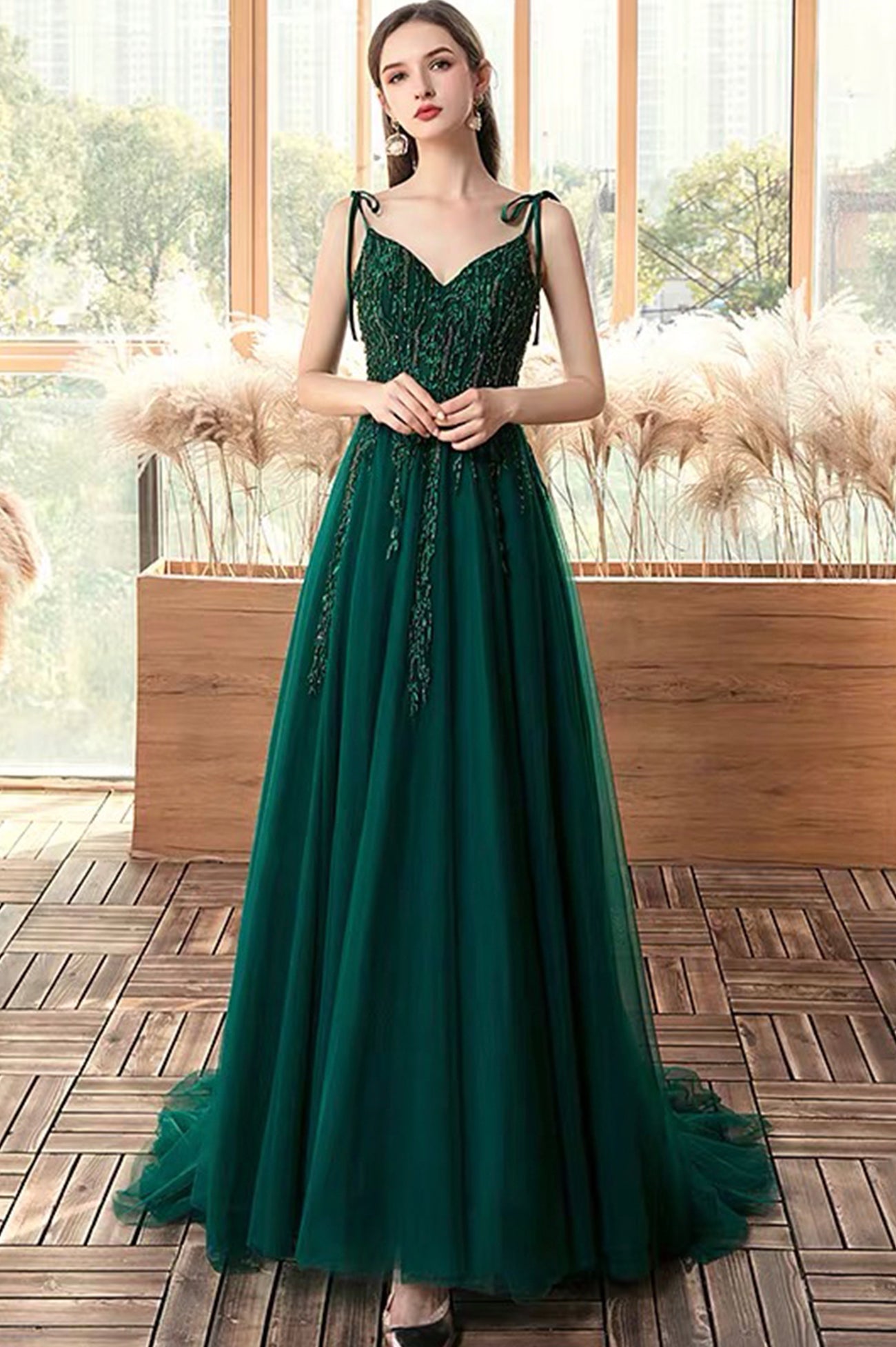 Green V-Neck Tulle Long A-Line Prom Dress, Lace Evening Party Dress