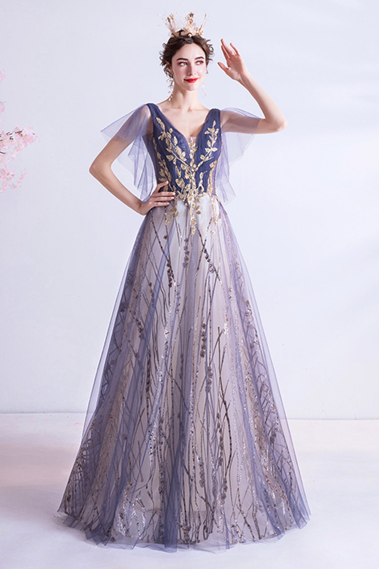 Purple V-Neck Tulle Sequins Long Prom Dress, A-Line Evening Party Dress