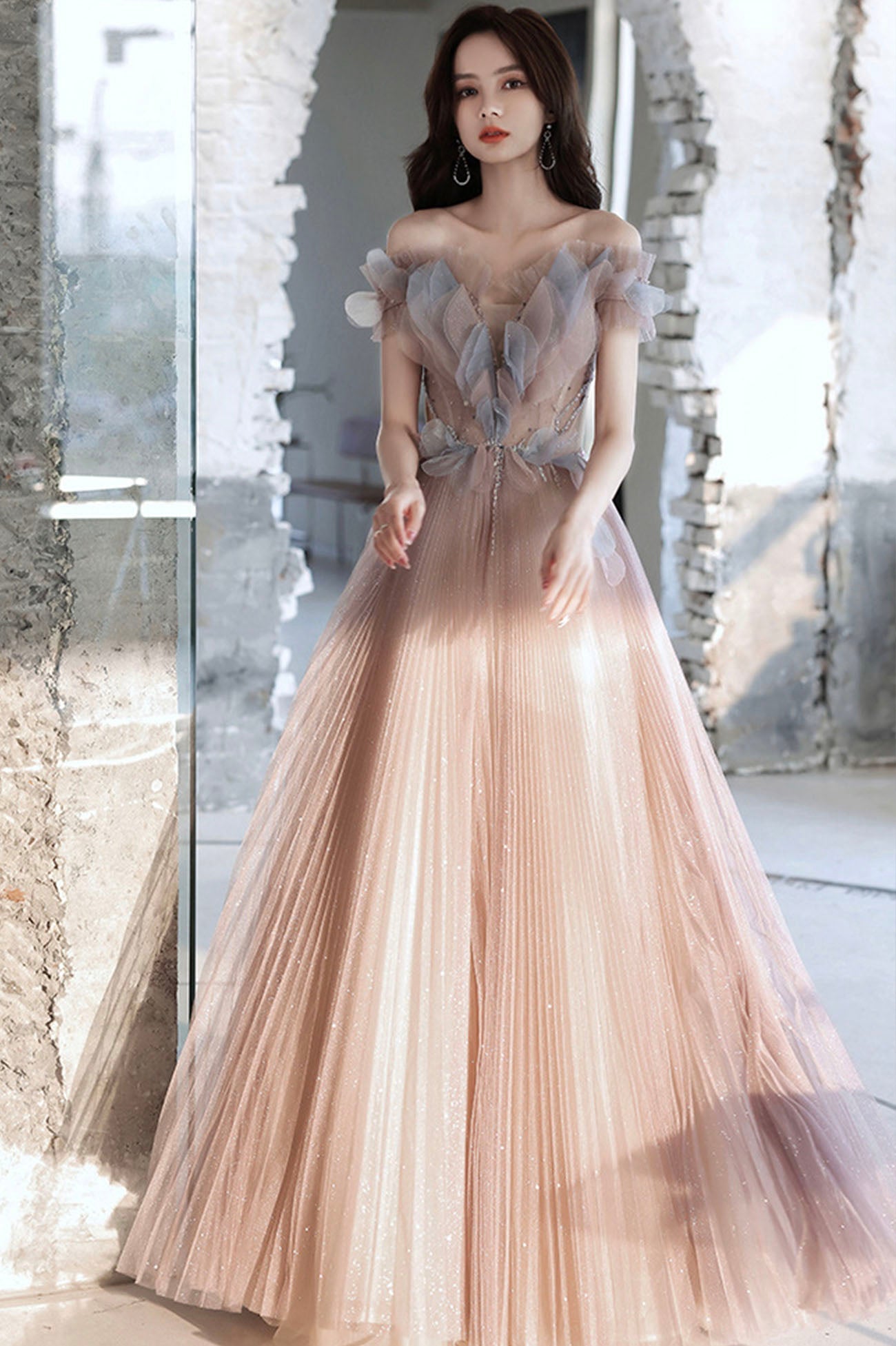 Pink Tulle Long A-Line Prom Dress, Off the Shoulder Evening Party Dress