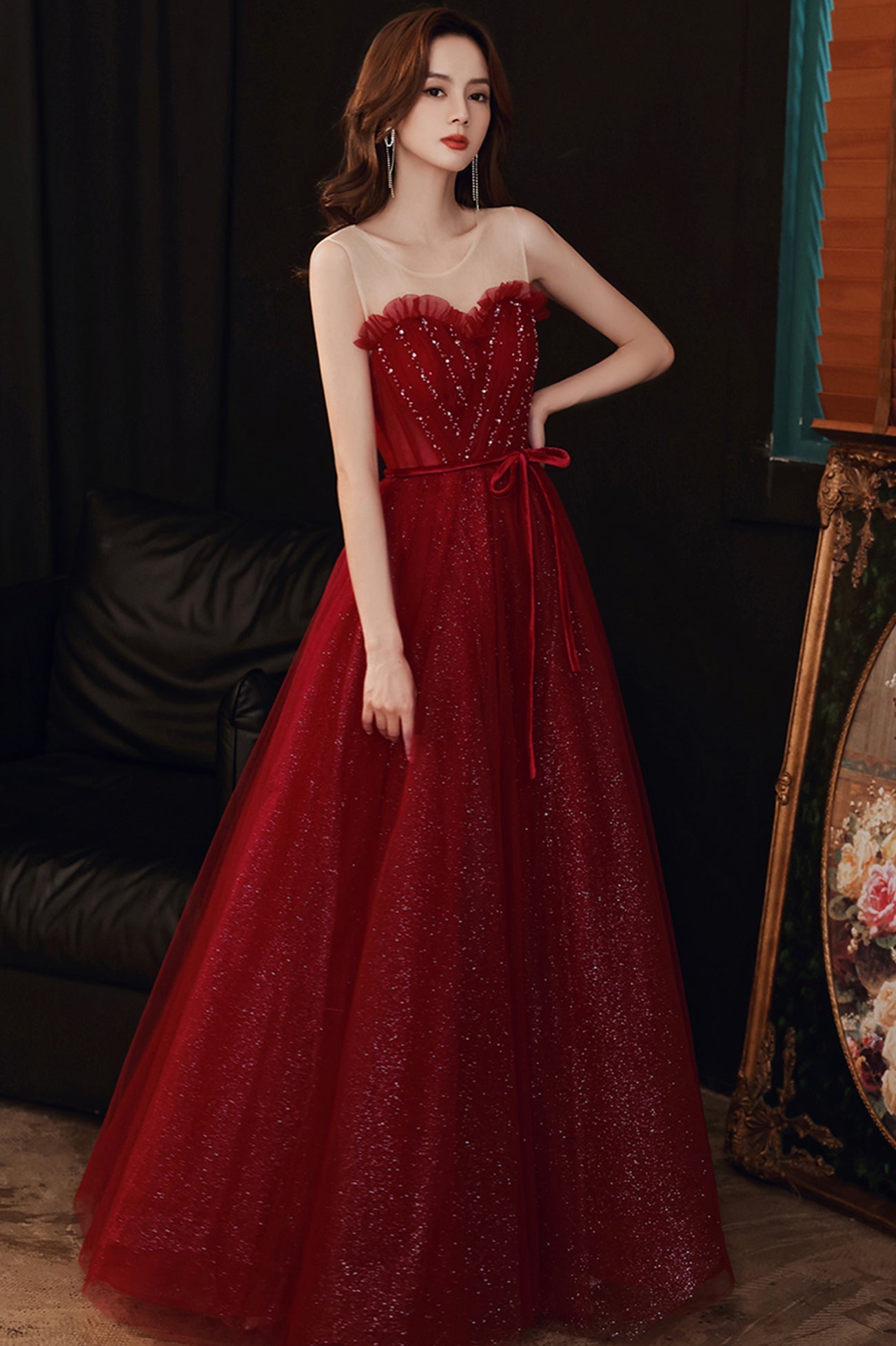 Black Scoop Neckline Tulle Long Prom Dress, A-Line Evening Party Dress
