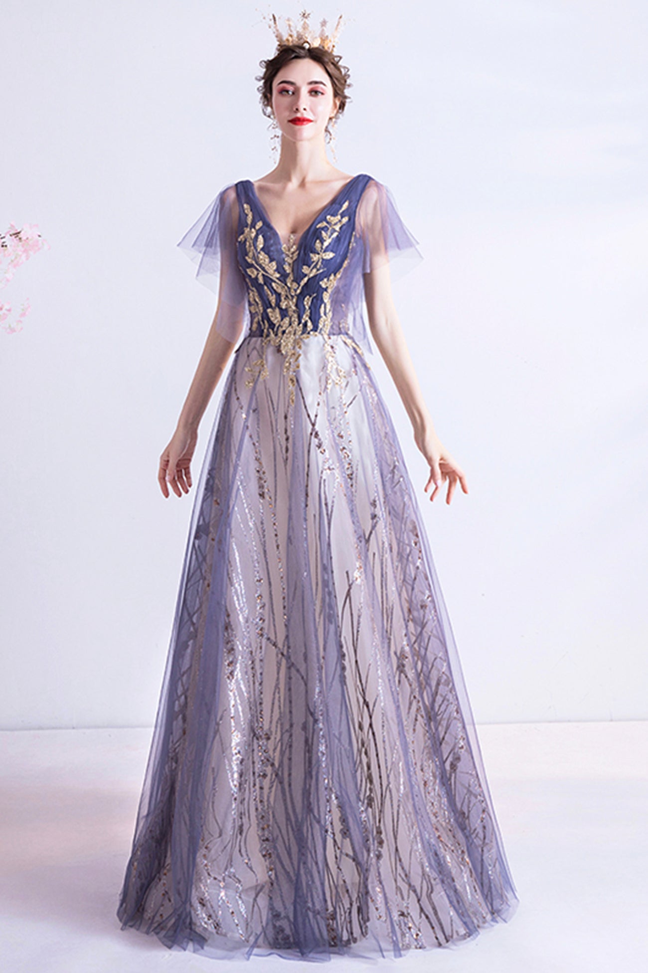 Purple V-Neck Tulle Sequins Long Prom Dress, A-Line Evening Party Dress