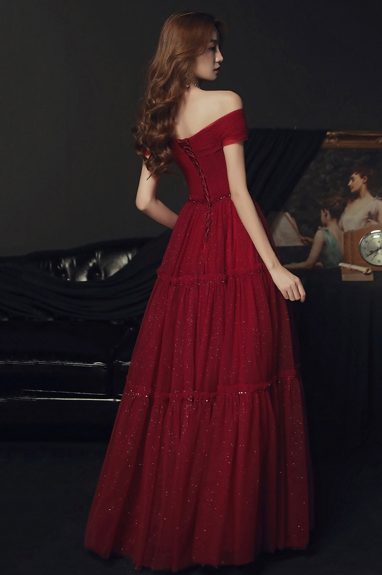 Off the Shoulder Tulle A-Line Party Dress, Burgundy Evening Graduation Dress