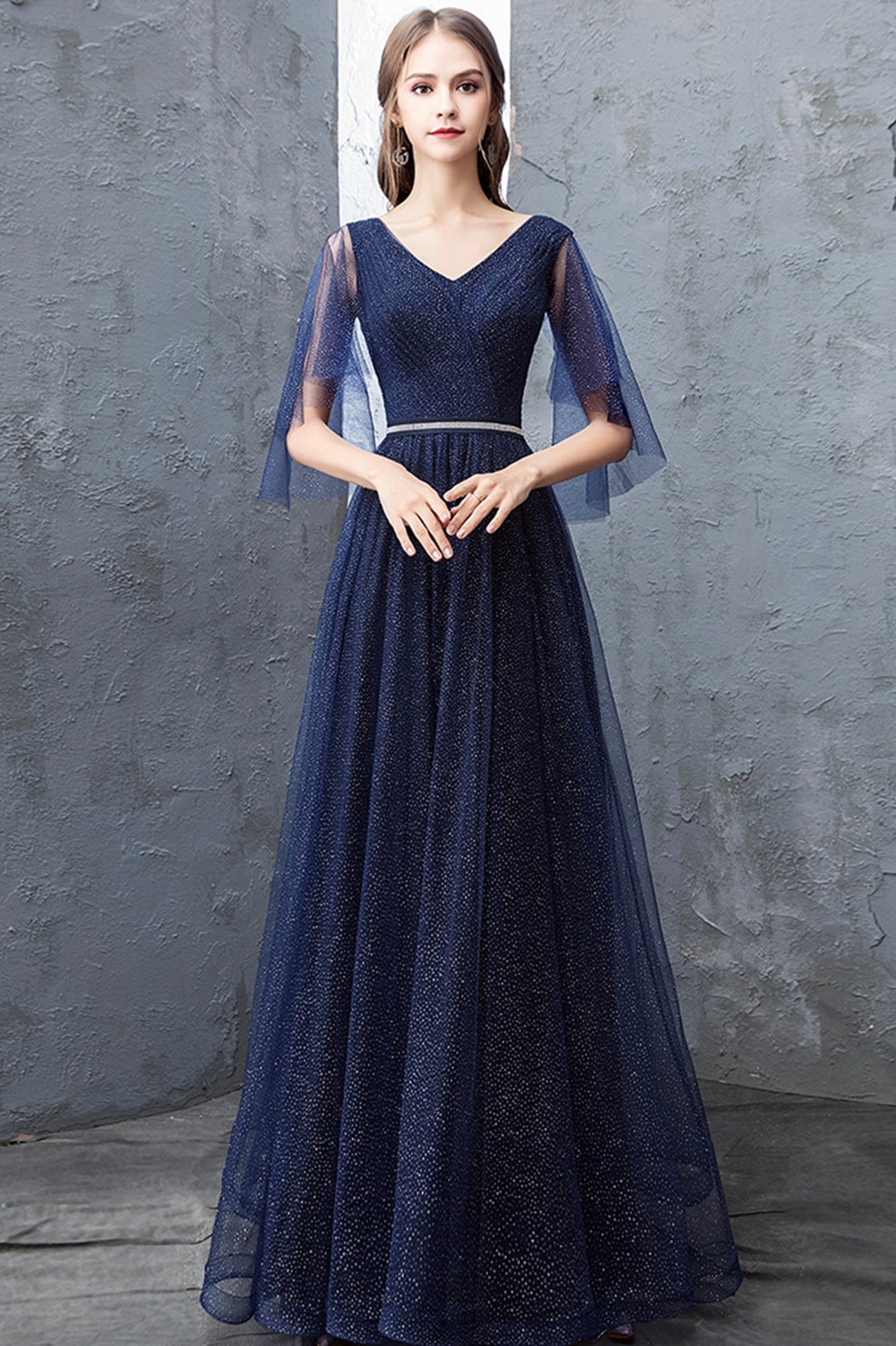 Blue Tulle Long A-Line Prom Dress, Cute V-Neck Graduation Dress