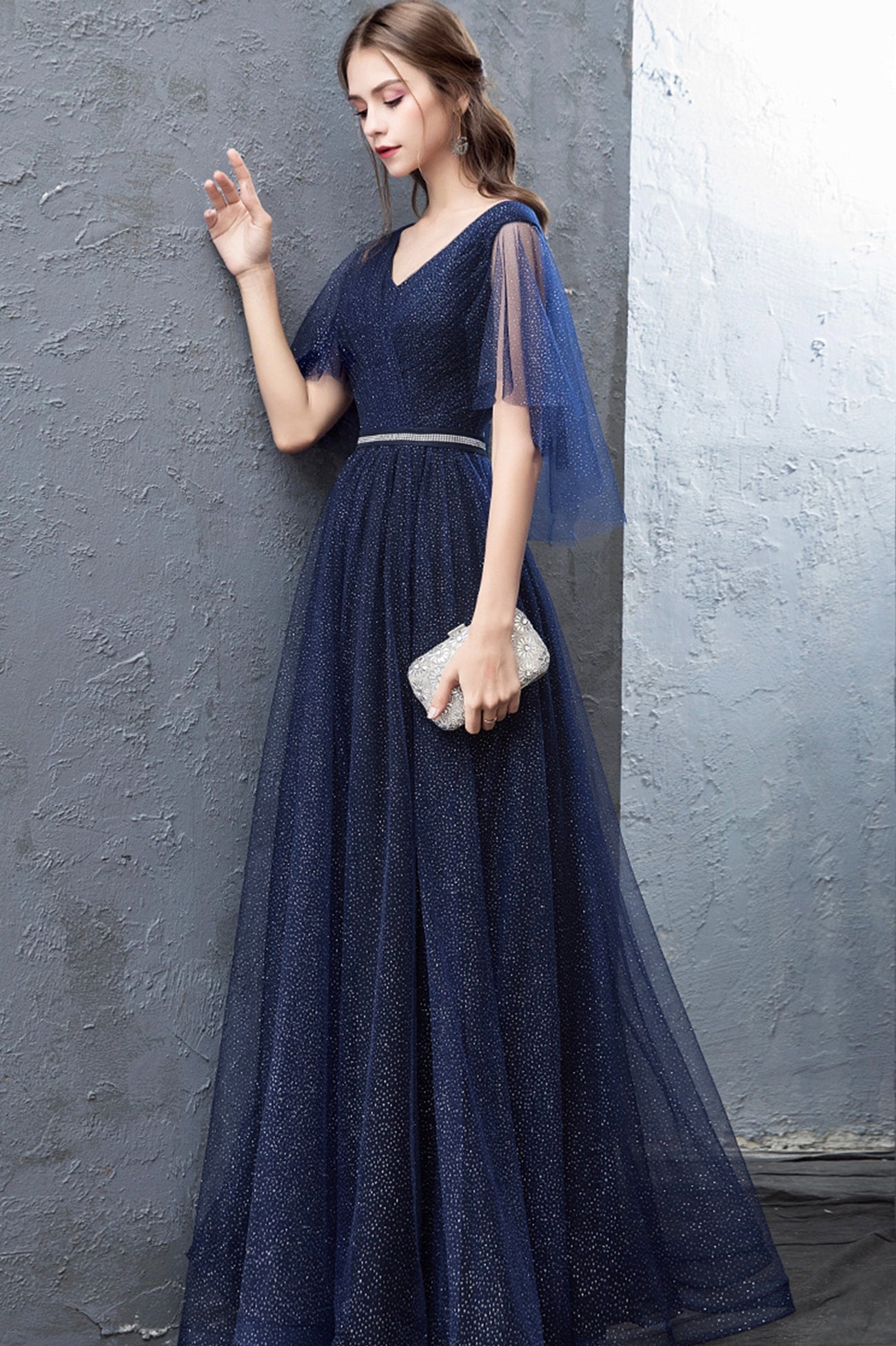 Blue Tulle Long A-Line Prom Dress, Cute V-Neck Graduation Dress