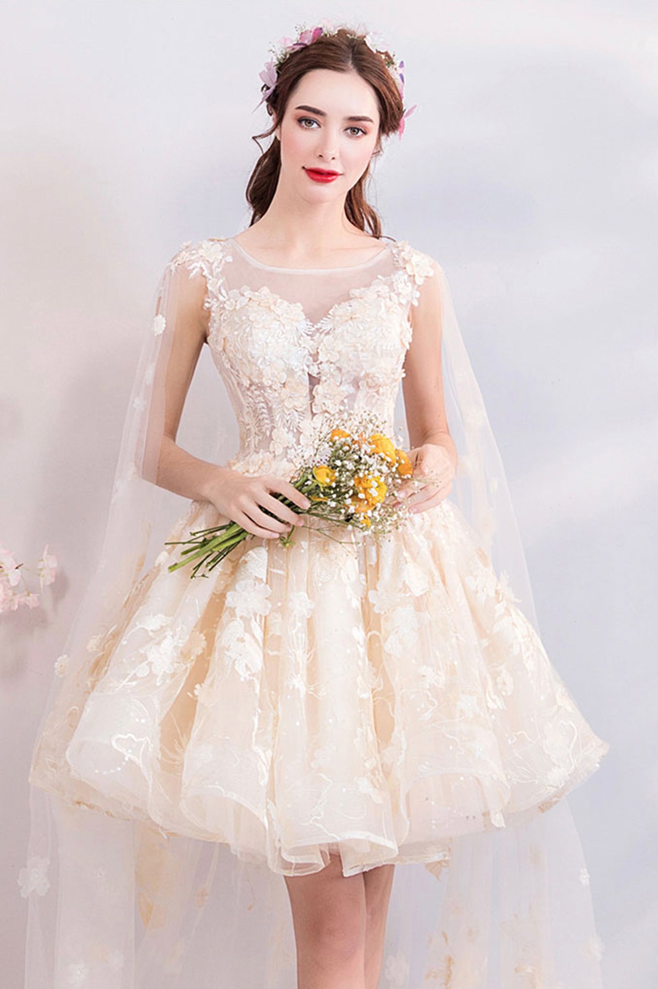 Champagne Scoop Neckline Lace Short Prom Dress, A-Line Homecoming Party Dress