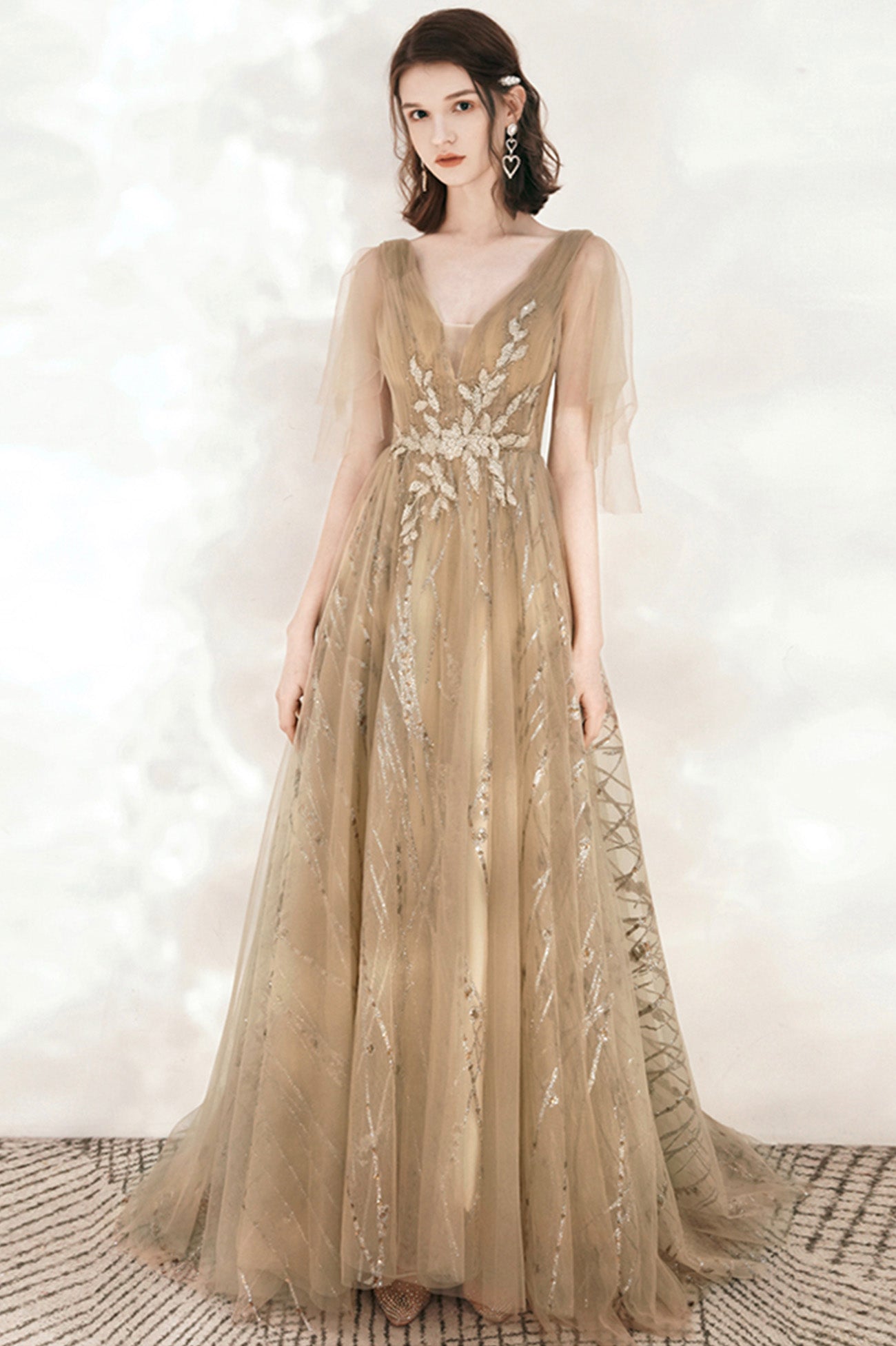 Champagne V-Neck Tulle Sequins Long Prom Dress, A-Line Party Dress
