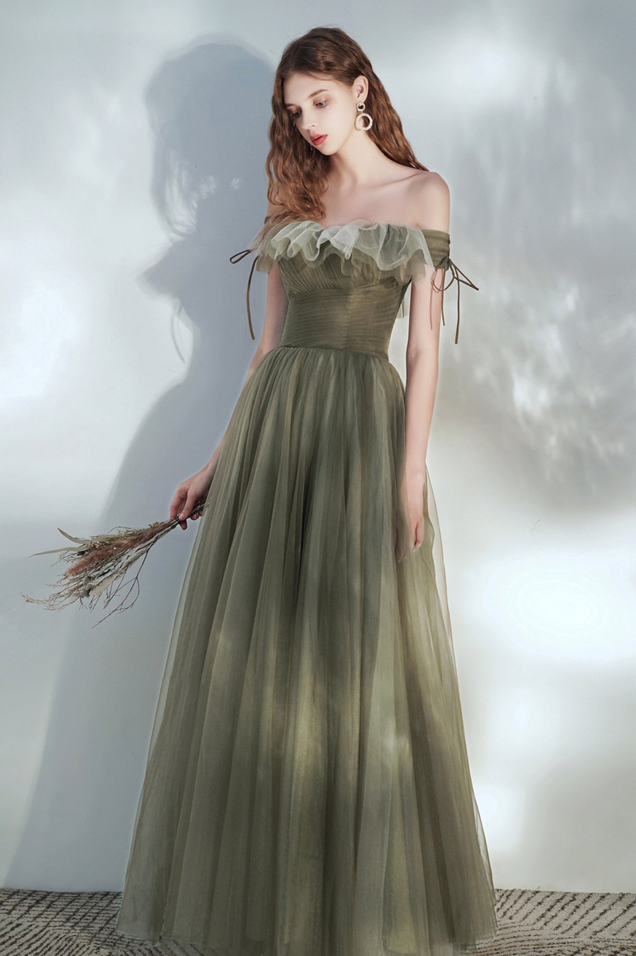 Green Tulle Long Prom Dress, Lovely Off the Shoulder Graduation Dress