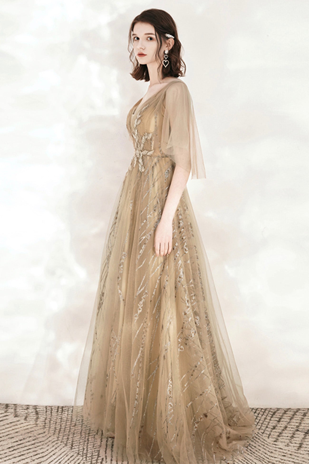 Champagne V-Neck Tulle Sequins Long Prom Dress, A-Line Party Dress