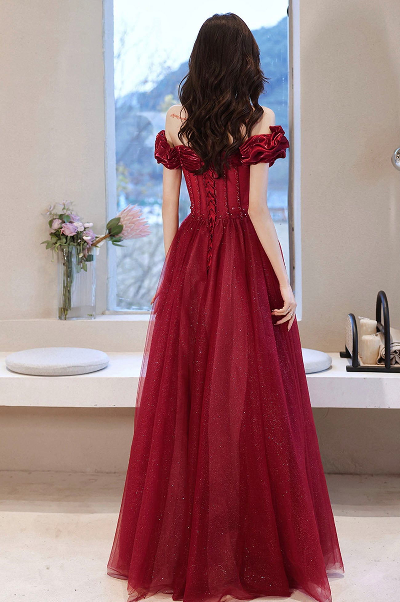 Burgundy Off the Shoulder Prom Dress Sparkly Party Dress, A-line Evening Dress