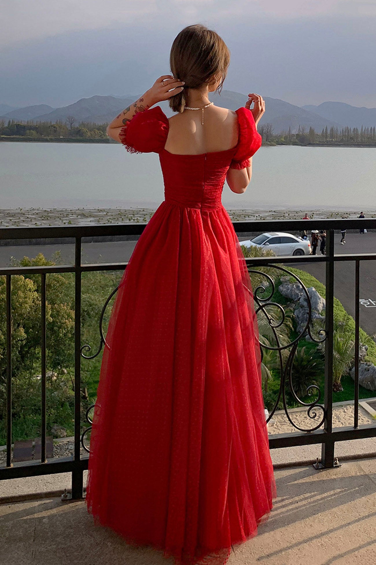 Red Tulle Long A-Line Prom Dress, Cute Short Sleeve Graduation Dress