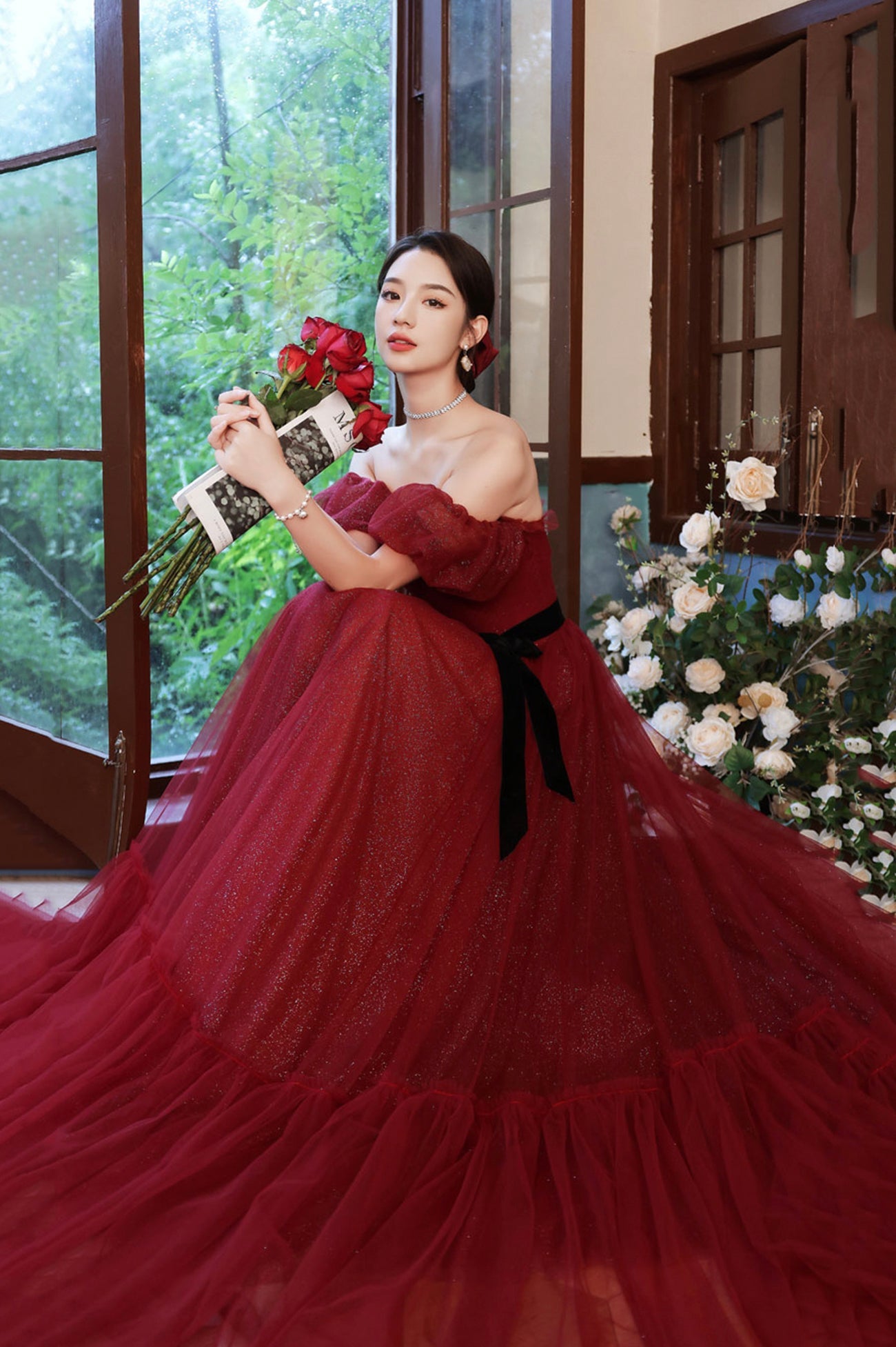 Burgundy Tulle Long A-Line Prom Dress, Off the Shoulder Evening Dress