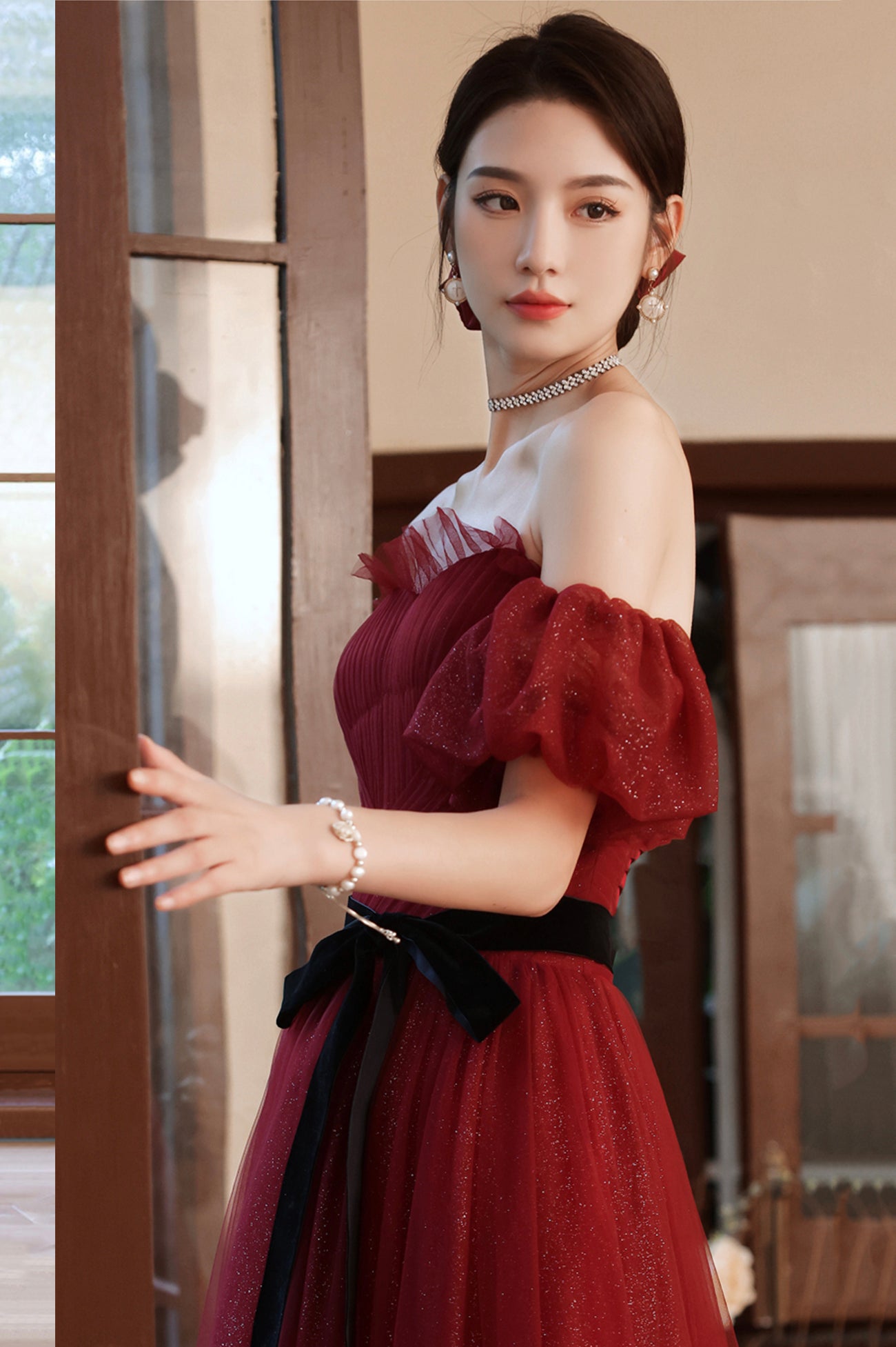 Burgundy Tulle Long A-Line Prom Dress, Off the Shoulder Evening Dress