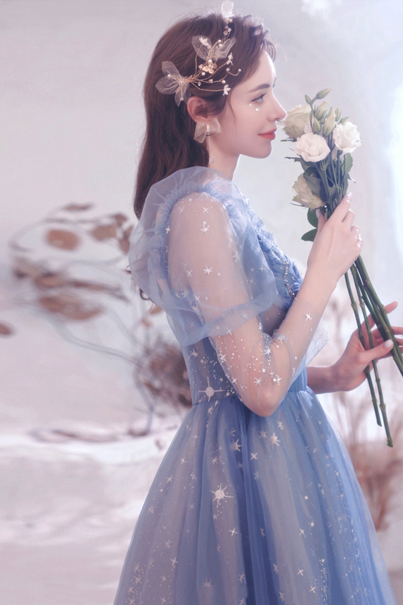 Blue Tulle Long Sleeve Prom Dress, A-Line Long Sleeve Tulle Evening Party Dress