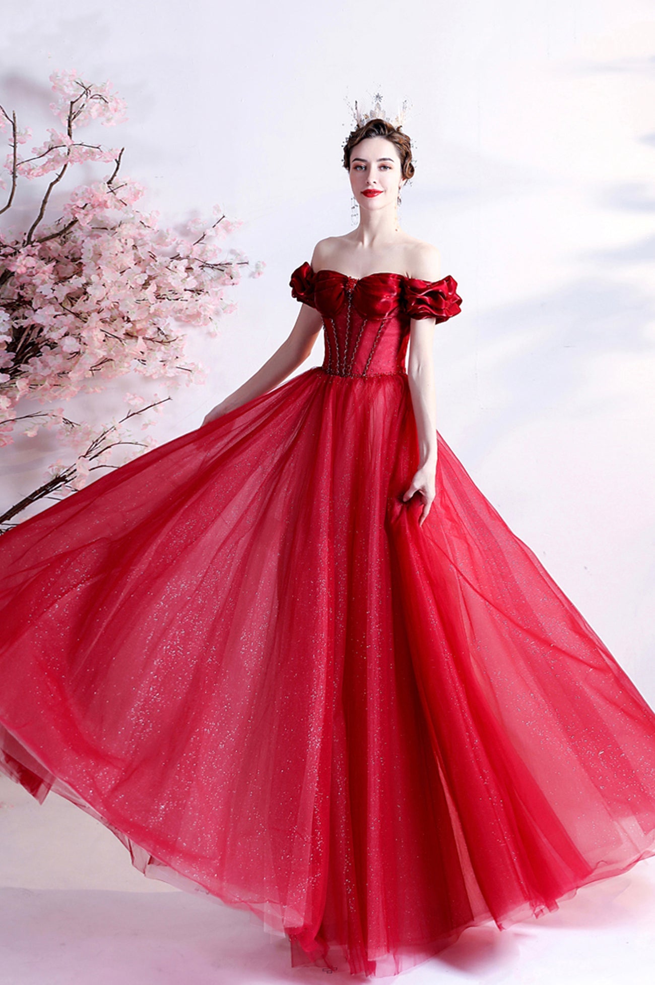 Red Tulle Off the Shoulder Long Prom Dress, A-Line Graduation Dress
