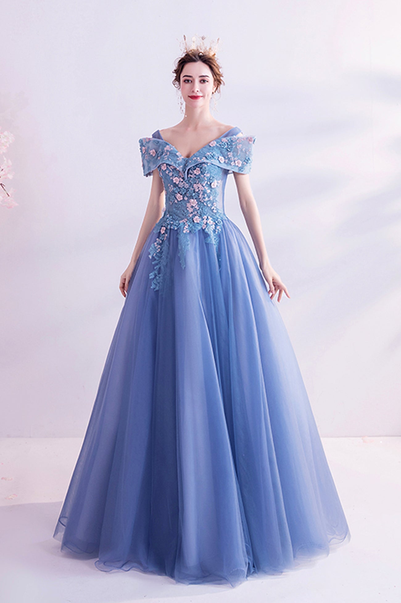 Blue Lace Off the Shoulder Prom Dress, A-Line Evening Graduation Dress