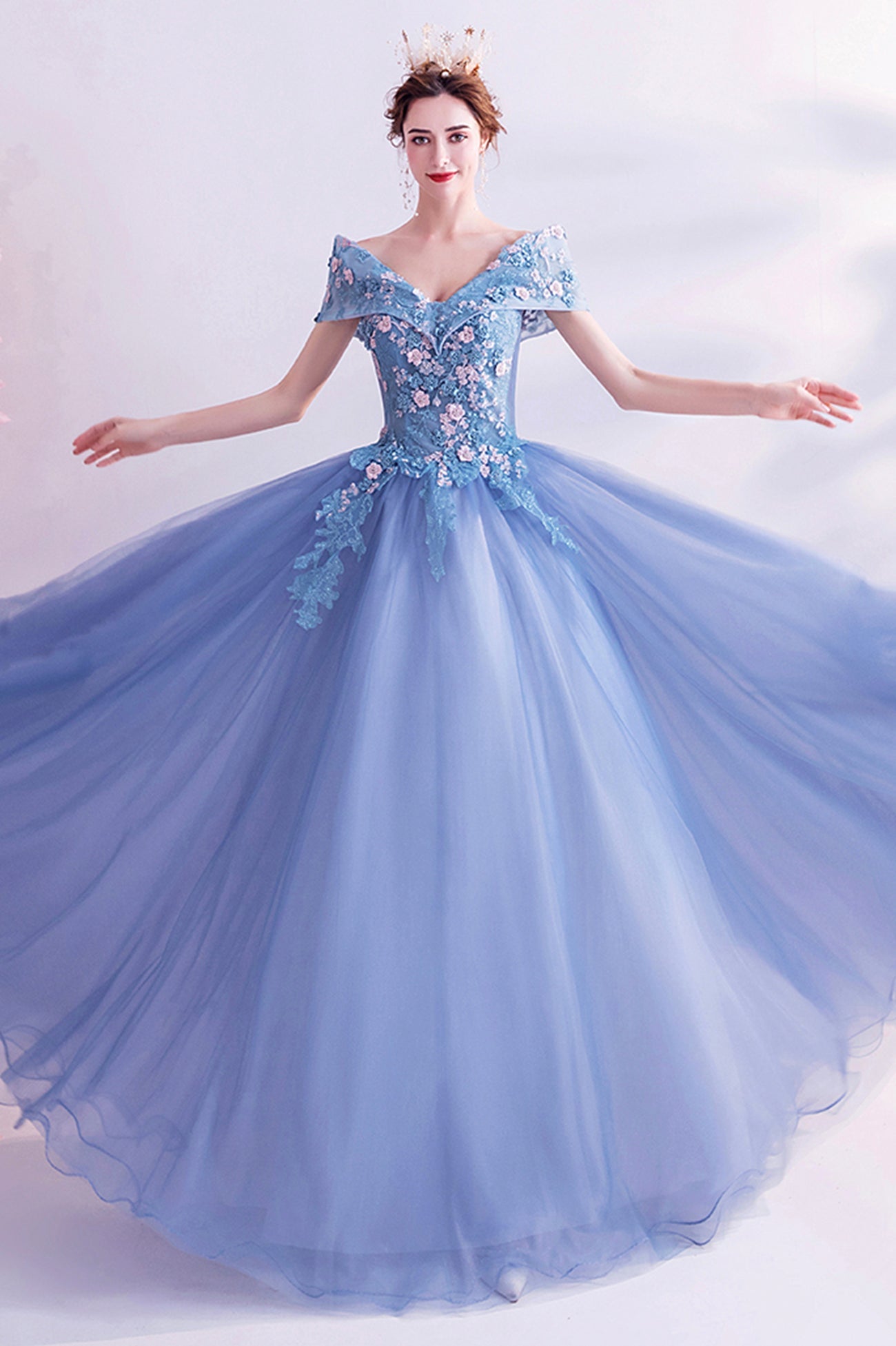 Blue Lace Off the Shoulder Prom Dress, A-Line Evening Graduation Dress