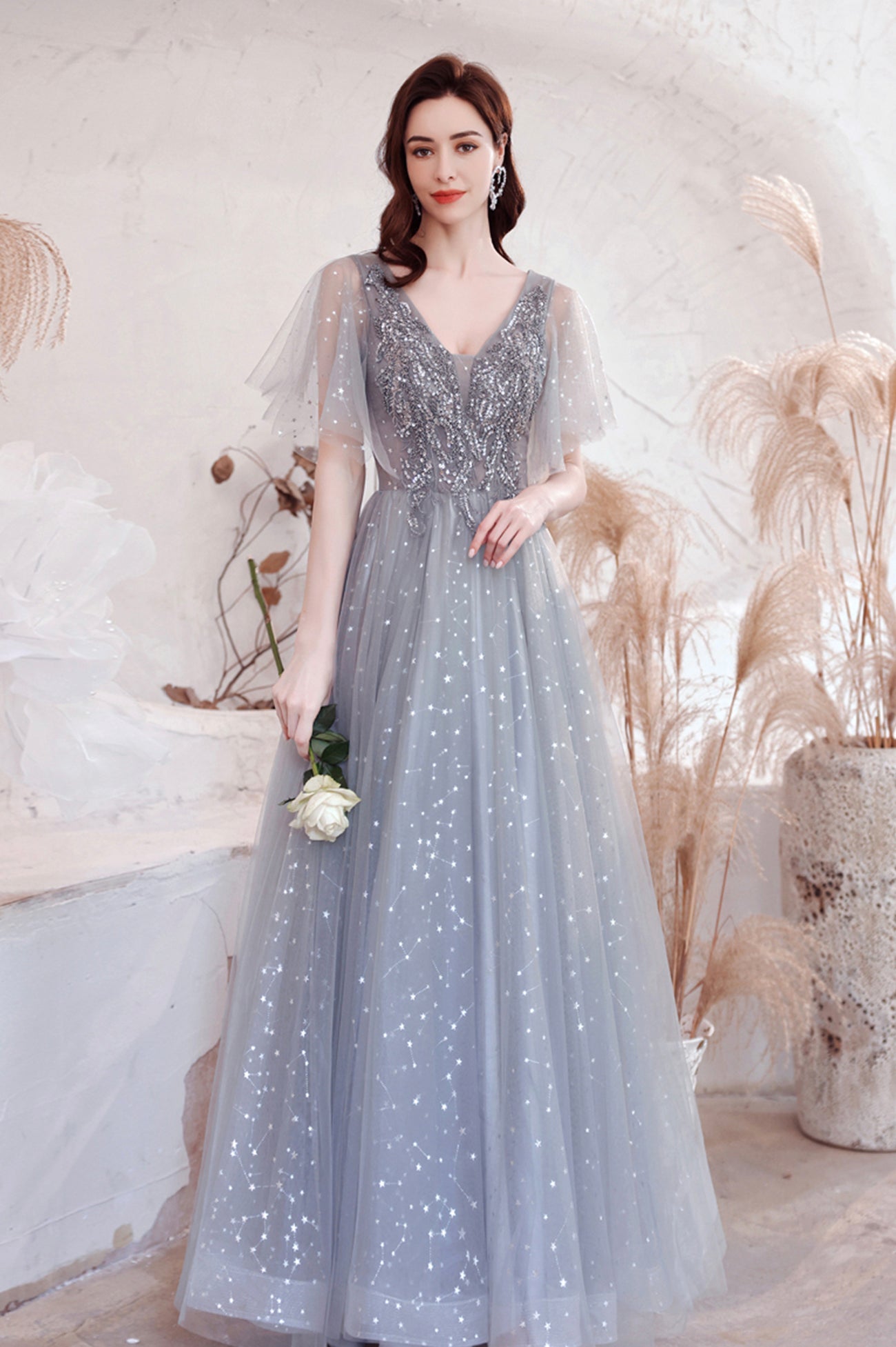 Gray V-Neck Tulle Sequins Long Prom Dress, A-Line Evening Graduation Dress