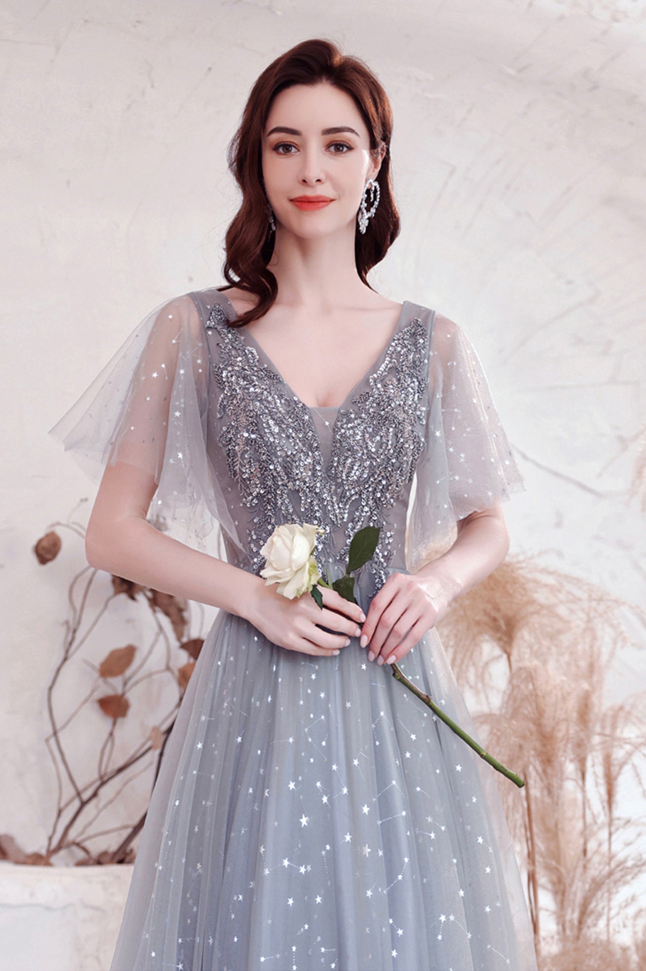 Gray V-Neck Tulle Sequins Long Prom Dress, A-Line Evening Graduation Dress