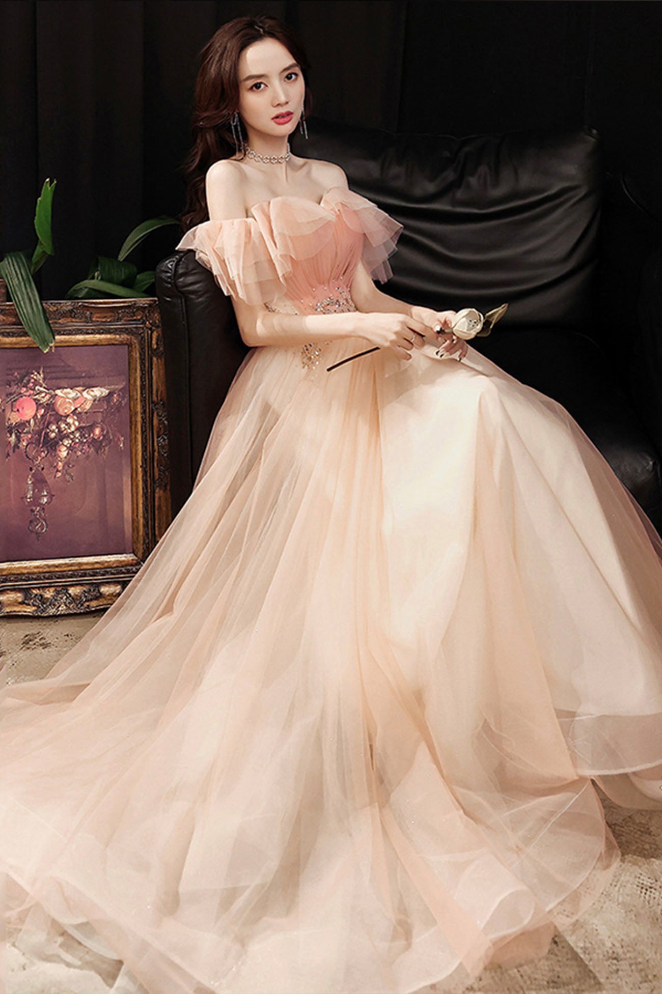 Pink Tulle Long A-Line Prom Dress with Sequins, Off the Shoulder Evening Party Dress