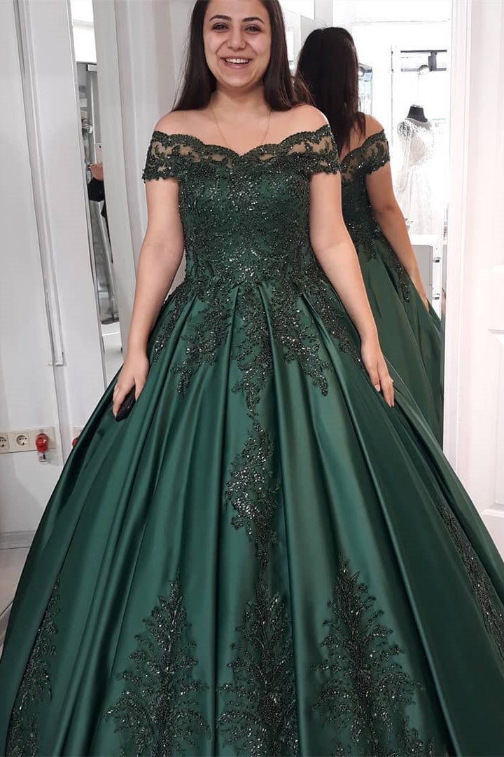 Vestido de novia verde oscuro con hombros descubiertos y apliques, estilo princesa