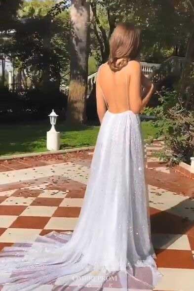 Sparkly Long Prom Dress Spaghetti V Neck Backless Sequin Evening Gown GP16