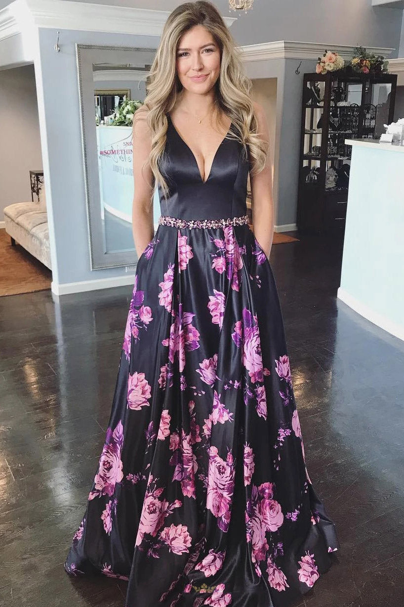 A-Line Backless Prom Dress, Florals Printed Black Long Evening Dress MP1167