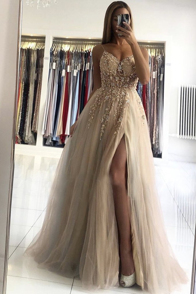 Vestido de fiesta largo de tul sin mangas con escote en V y cuentas, corte A, con abertura, vestido de noche sexy
