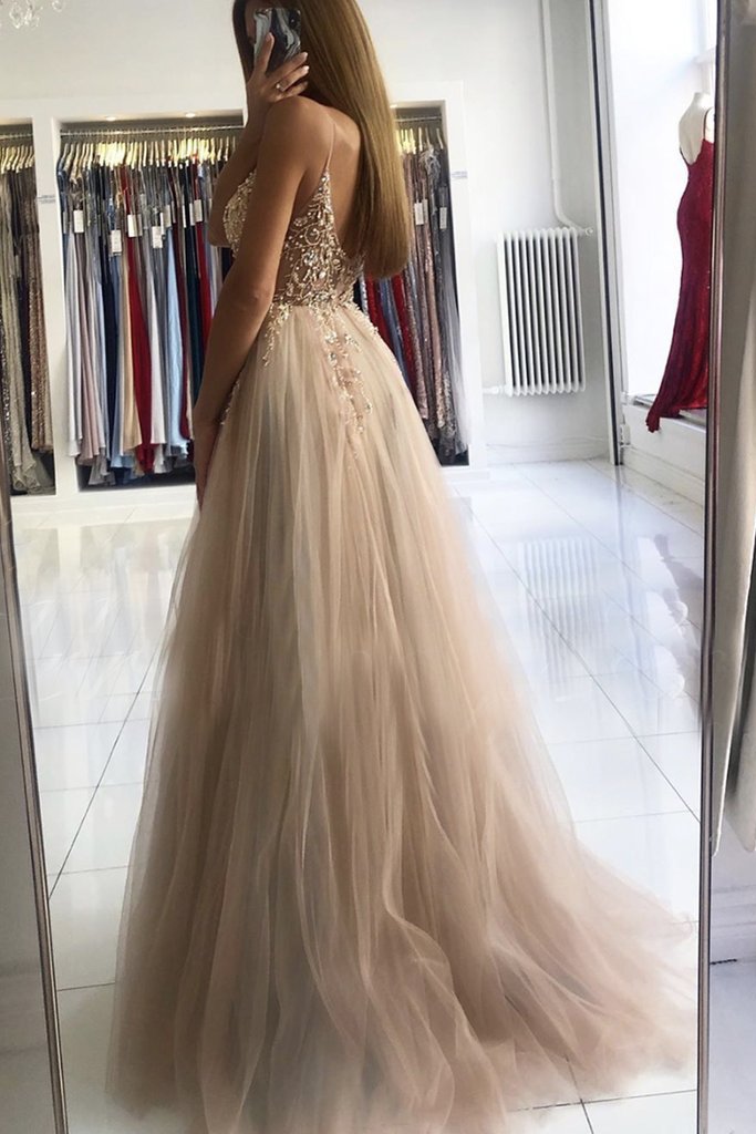 Vestido de fiesta largo de tul sin mangas con escote en V y cuentas, corte A, con abertura, vestido de noche sexy