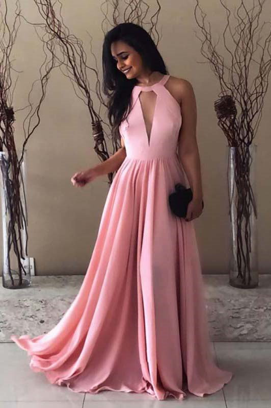 Elegant Round Neck Long Chiffon Sleeveless Pink Prom Dress MP1193
