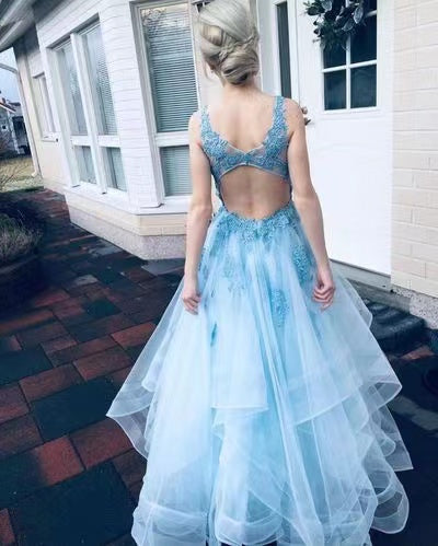 A-line Tulle Sky Blue Prom Dresses, Open Back V-neck Graduation Dress GP350