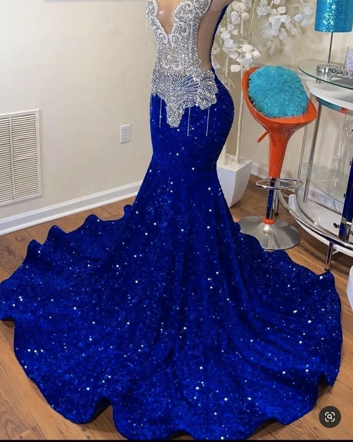 Vestidos de fiesta de moda largos con lentejuelas, vestidos de noche de diseñador azul real con cristales y diamantes