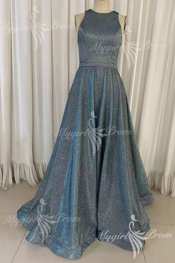 Sparkly Blue Prom Dress A-line Bateau with Pockets Long Pageant Dress GP83