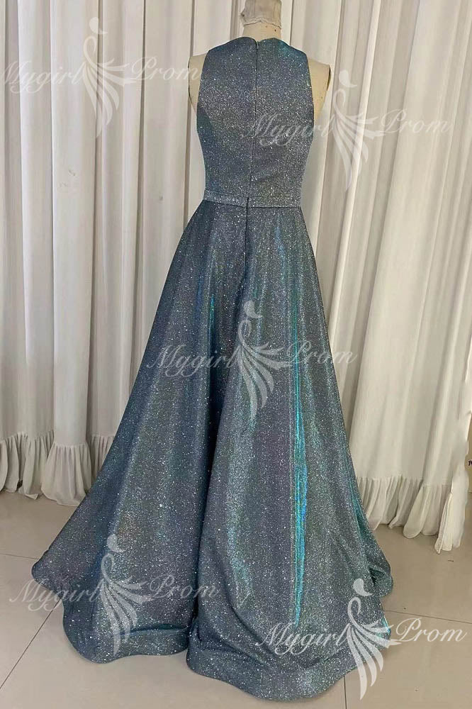 Sparkly Blue Prom Dress A-line Bateau with Pockets Long Pageant Dress GP83