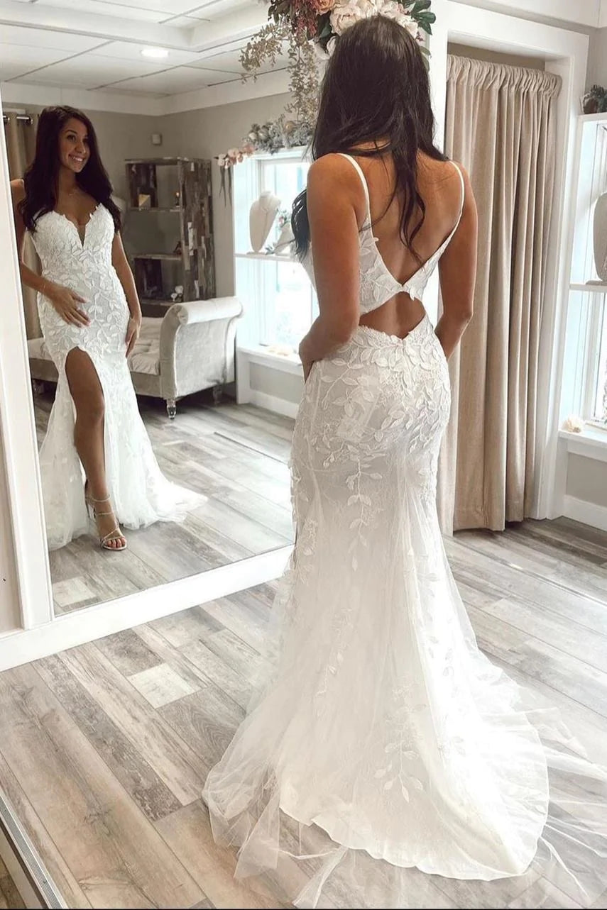 Hermoso vestido de fiesta de encaje de sirena blanco, vestidos de noche largos con abertura