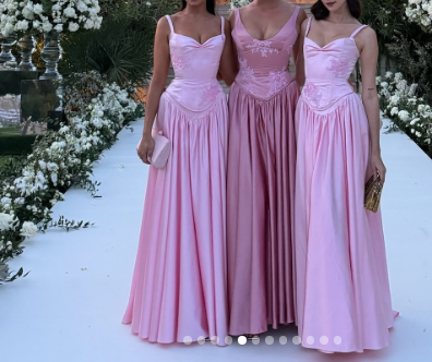 Vestido de noche elegante de satén rosa largo con tirantes finos y corte A, hasta el suelo, ED01409