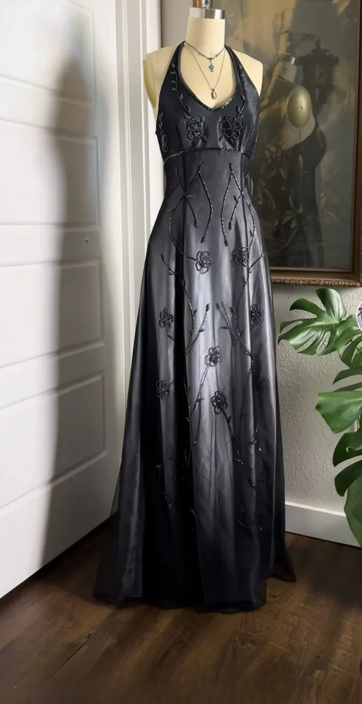 Vintag Burgundy Satin Halter-neck A-Line Prom Dress Party Dress Evening Dress TP4550